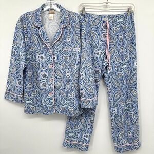 Vintage Bed Head Pajamas Small Flannel Set Blue Floral Quiet Luxury Coastal USA